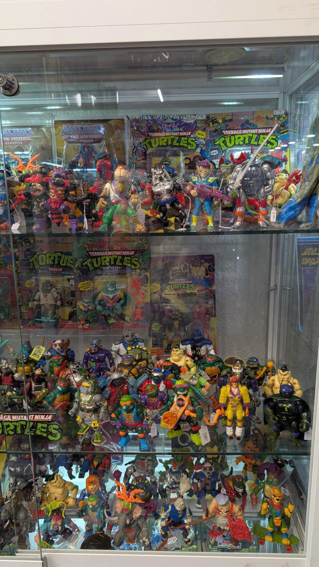 Cabinet full of vintage action figures including TMNT, Masters of the Universe and more